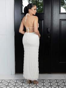 Melissa Matos Vestido de mujer de unicolor con cuello redondo, sin mangas y talle a la cintura midi/largo - Blanco - Ver 3