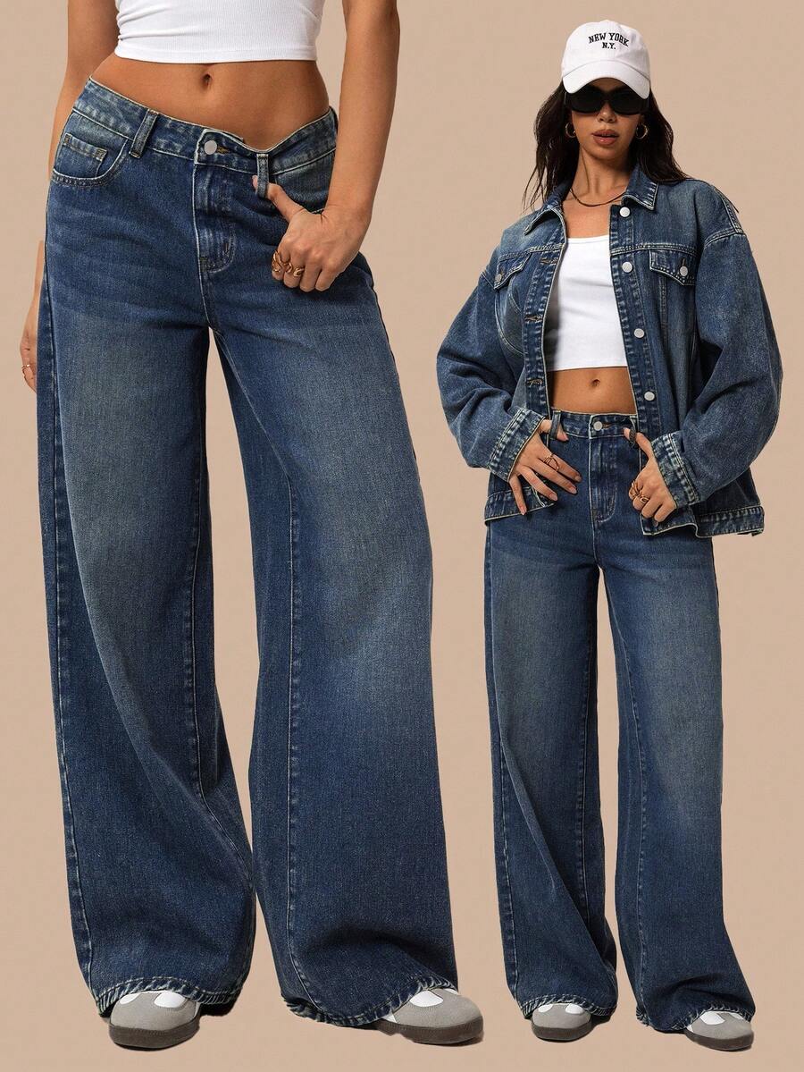 SHEIN Forever 21 Women's Casual Loose Fit Pockets Denim Jeans - Navy Blue - View 1