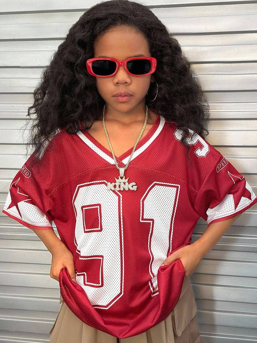 Coolane Tween Girls Fall/Winter Festival Streetwear Vintage Breathable Mesh Number Pattern Graphics Baseball Jersey - Red - View 1