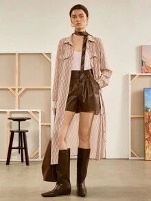 Florisole Váy kẻ caro hở trước phong cách Bohemian thường ngày - Màu Khaki - Xem 4