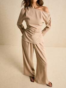 Poéselle Conjunto de top con hombros oblicuos y pantalones de unicolor casual