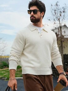 DAZY Men's Apricot Solid Color Polo Neck Sweater, Autumn - White - View 3