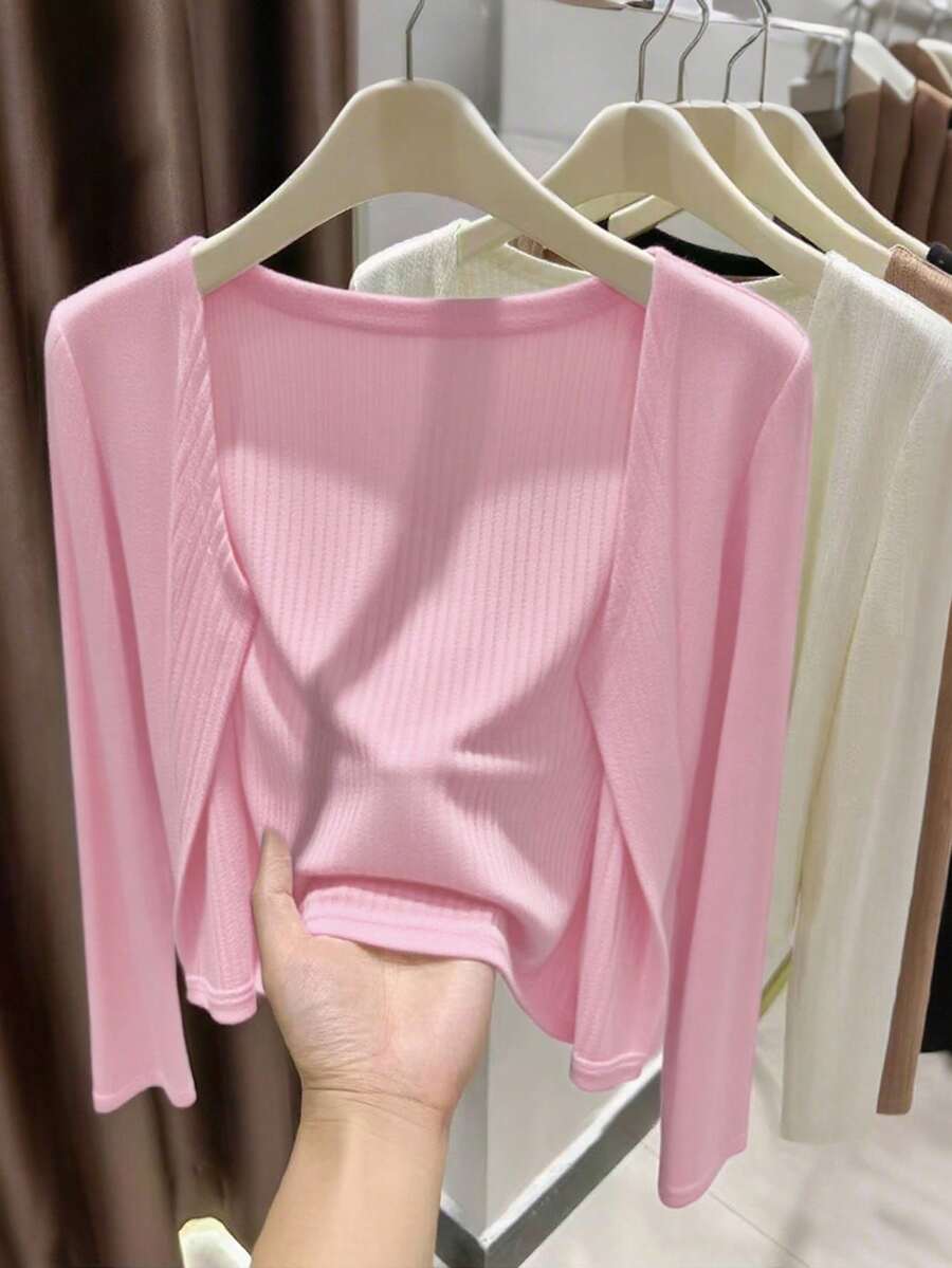 INAWLY Cardigan Panjang Wanita Kasual Warna Polos Minimalis Romantis - Berwarna merah muda - View 1