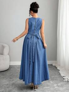 Selianne 年轻女士蝴蝶结褶饰修身牛仔连衣裙