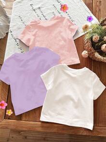 3 件年轻女孩休闲时尚卡通幽灵、蝴蝶结、南瓜印花圆领短袖 T 恤，粉色、紫色、白色上衣，万圣节恐怖季节 T 恤，适合女婴 - 彩色 - 查看 2