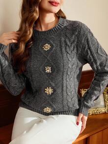 Vintamour Women's Diamond Drawstring Crew Neck Sweater Fall Sweater Gray Sweater Fall For Women Winter Christmas Women's Winter Sweater Autumn For Women Christmas For Women Christmas Sweater Thanksgiving For Women Casual For Women - Grey - View 4