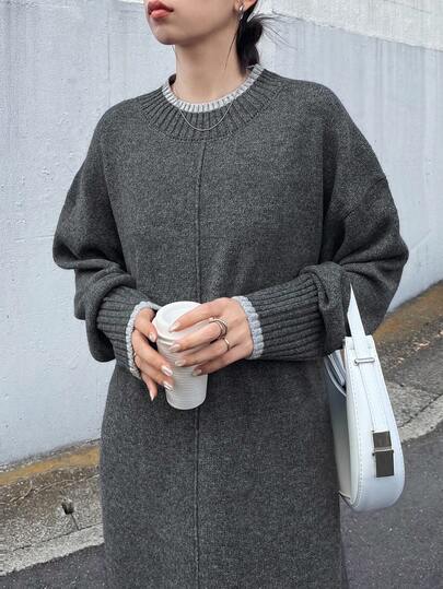 FRIFUL 女式纯色深灰色圆领落肩长袖直筒超长毛衣裙，秋季休闲外套连衣裙