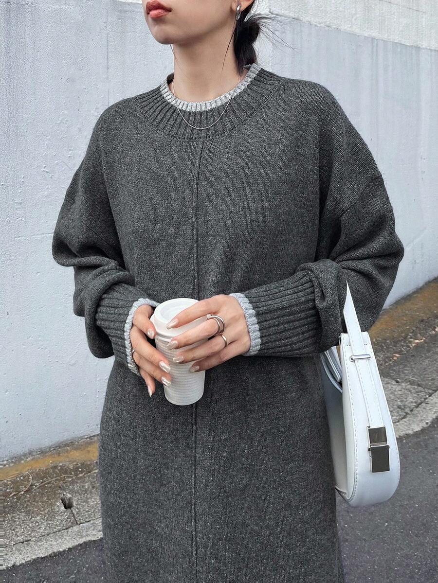 FRIFUL 女式纯色深灰色圆领落肩长袖直筒超长毛衣裙，秋季休闲外套连衣裙