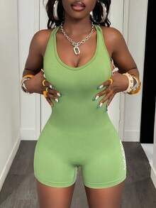 Slaydiva 女士字母印花修身款交叉后背连身裤 - 軍綠色 - 查看 3