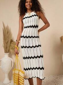 Bóhologie Women's Summer Vacation Wavy Striped Hollow Out Crochet Halter Cover Up Dress - Black and White - View 3