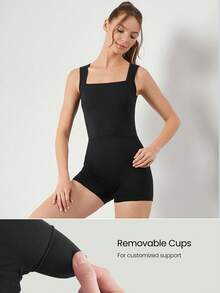 GLOWMODE 2.5'' FeatherFit™-Air Sweat-Wicking Quick-Dry Flow And Go Tummy Control Cutout Back Square Neck Back Athletic Workout Romper Bodyduit With Side Pockets Non-Slip Grips Low Impact Yoga Pilates Studio Daily Casual Wear