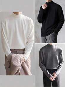 SHEIN 3-Pack Teenage Boys' Minimalist Stand Collar All-Match Tops, Black/White/Gray, Casual, Comfortable, Versatile, Suitable For School, Outings, Outdoor Activities, Layering, Autumn/Winter Turtleneck Long Sleeve Tops Boys Turtleneck Plain Turtleneck Turtlenecks - Multicolor - View 2