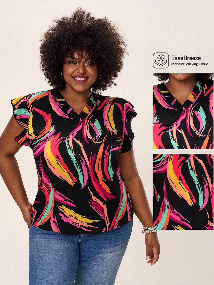 Comfylo SHEINLUNE 大码女式 V 领泼墨艺术效果飘逸袖衬衫 - 彩色 - 查看 1