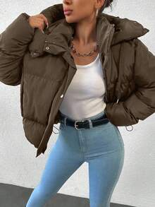EURMUSE Women's Solid Color Long Sleeve Zipper Front Drawstring Hooded Casual Winter Jacket - Brown - View 5