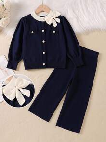 Genkimix Kids Young Girls Sweater Co-Ords, Cute 3D Bow Ruffle Trim Knit Sweater Set, Loose Versatile Cardigan + Pants 2-Piece Outfit, Long Sleeve Knitted Sweater Set, Suitable For Daily Wear, Outings, Travel In Autumn/Winter Fall