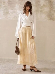 Cévolie Women's Fashion Casual Romantic Vacation French Minimalist A-Line Skirt - Apricot - View 3