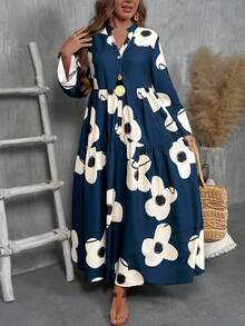 Breezaya 大码女式V领花卉印花宽松休闲长裙 - 藏蓝色 - 查看 6
