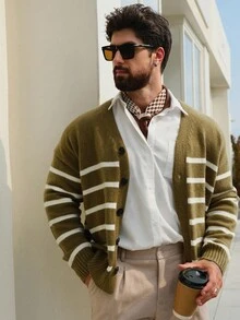 DAZY Áo khoác cardigan sọc thường ngày cho nam, màu trắng và xanh lá cây, xuân/thu - Nhiều màu - Xem 5