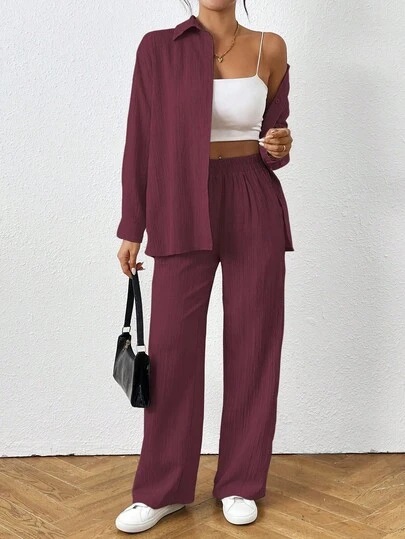 SHEIN PETITE Women's Solid Color Long Sleeve Single-Breasted Shirt And Pants Casual 2 Pieces Set, Autumn