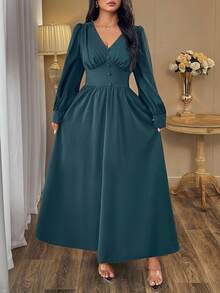 Auvina 大码灯笼袖优雅连衣裙，复古浪漫腰部收腰连衣裙，适合日常穿着，V 领独特垂坠法式晚礼服，宫廷风格 - 綠色 - 查看 6