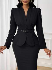 SHEIN Lady Women's Solid Color Puff Sleeve Elegant Regular Jacket With Waist Buckle Design, Autumn - Black - View 6