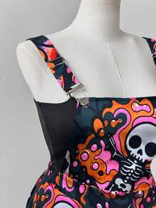 Sweetra Plus Size Women Casual Colorful Skull Print Suspender Dress - Dusty Pink - View 3