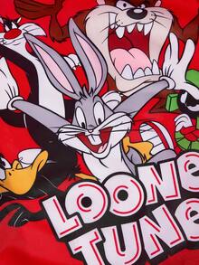 LOONEY TUNES X SHEIN 1 件卡通图案可折叠购物袋，带小袋的手提包，配有仿珍珠链，可挂在其他包上，适合通勤、购物、旅行，男女皆宜，轻巧便携 - 紅色 - 查看 3