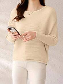 EMERY ROSE Women's Solid Color Round Neck Batwing Long Sleeve Casual Sweater, Autumn - Apricot - View 3