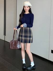 DAZY 格子羊毛高腰A字迷你裙 秋季裙装 冬季女装裙装 - 藏蓝色 - 查看 2