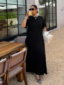 Dripcurv Plus Casual Long Solid Tee Dress For Summer - Black - View 1