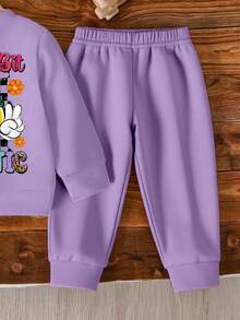 2 件套女婴可爱脸部印花紫色休闲圆领长袖运动衫和裤子套装，适合秋冬穿着