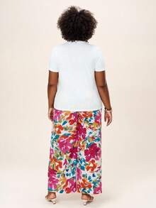 Comfylo Plus Size 2pcs Short Sleeve Bow Decor T-Shirt With Colorblock And Elastic Waist Loose-Fit Straight-Leg Allover Print Pants, For Summer,Holiday Outfits Boho Fall Clothes For Women Fall Outfits Women