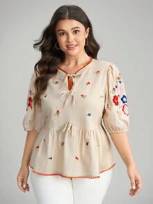 Comfylo 大码女士休闲花卉刺绣衬衫，适合度假外出穿着，秋季女装 - 黃色 - 查看 5