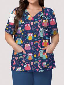 PopScrub Blusa de verano informal tipo uniforme de enfermería para mujer talla grande con lindo estampado de búho y corazón arcoíris