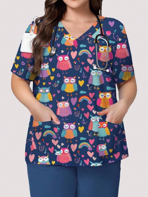 PopScrub Plus Size Women Summer Casual Nursing Scrub Uniform Top, Cute Owl & Rainbow Heart Print