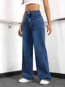 EURMUSE Women's Loose Fit Casual Denim Jeans With Side Pockets And Wide-Leg Design - Dark Wash - View 6