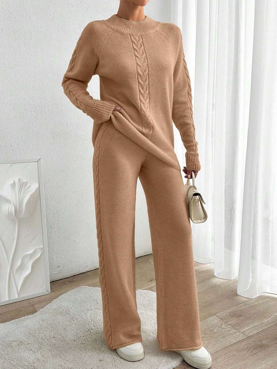EURMUSE Women's Autumn Cable Pattern Raglan Sleeve Sweater And Knit Pants Casual 2 Pieces Set - Camel - View 1