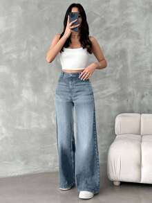 EURMUSE Jeans de cintura alta y pierna ancha para mujer 100% algodón con bolsillos en diagonal - Celeste - Ver 5