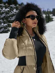 EURMUSE Padded Coat With Furry Hood And Adjustable Waist, Two Side Pockets, Thick And Fashionable Puffer Jacket, Quilting Details - Beige - View 7