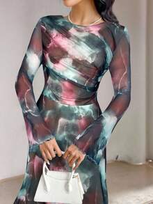 Veilorie 女士时尚优雅扎染印花连衣裙 - 水鴨藍 - 查看 5