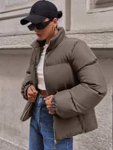 EURMUSE Short Padded Jacket In A Plain Design, Contrast Metal Colour Zipper - Mocha Brown - View 7