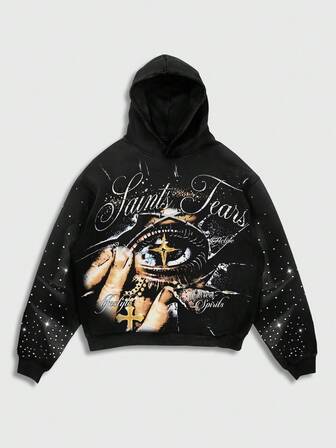 Street Life Felpa con cappuccio da uomo, stile di strada autunno/inverno, elemento di con stampa grafica in inglese e applicazioni di strass, molto richiesta