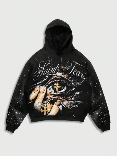 Street Life بلوزة رجالية مقنعة، موضة الشارع في الخريف/الشتاء، عنصر عين مرصع بالراين ستون، طباعة جرافيك إنجليزية على القماش المقنع