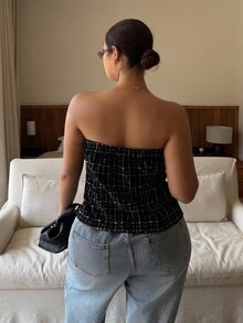 Dripcurv Plus Size Women's Elegant Plaid Front Button Camisole Top, Summer,Women Metal Shell Decor  Fashion Tops,Business Casual Woman,Going Out Tops Women,Old Money Style Women,,Travel, Commuting, Party, Vacation, Old Money Style, Shopping, Banquet, Elegant, Party, Date,Winter,Fall ,Autumn,Halloween,Christmas ,New Year,Thanksgiving, Party - Black - View 2