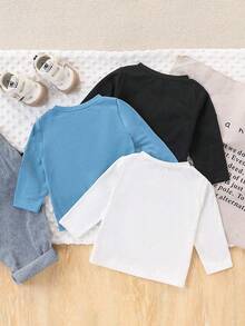 SHEIN Playful Pals 3pcs Baby Boy Crew Neck Long Sleeve Letter Print Tops Blue And White Black And White White Autumn Casual Basic Modest School Birthday Graphic Slim Fit - Multicolor - View 2