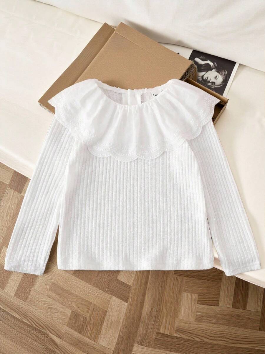 年轻女孩休闲纯色荷叶边长袖T恤 - 米色 - 查看 1