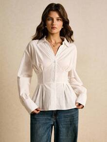Poéselle Women's Shirts, Tie Back Waist, Button Closure, Fitted Waist Shirts, White Shirts, Long Sleeve Shirts, Women's Blouse, Casual Women's Solid Color Long Sleeve Single-Breasted Waist Casual Shirt Fall Clothes For Women Autumn Outfits For Women Winter Clothes For Women  Women's Winter Clothes - White - View 1