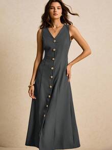 Poéselle Damska sukienka w jednolitym kolorze z dekoltem w serek, bez rękawów i szerokimi ramiączkami, elegancka