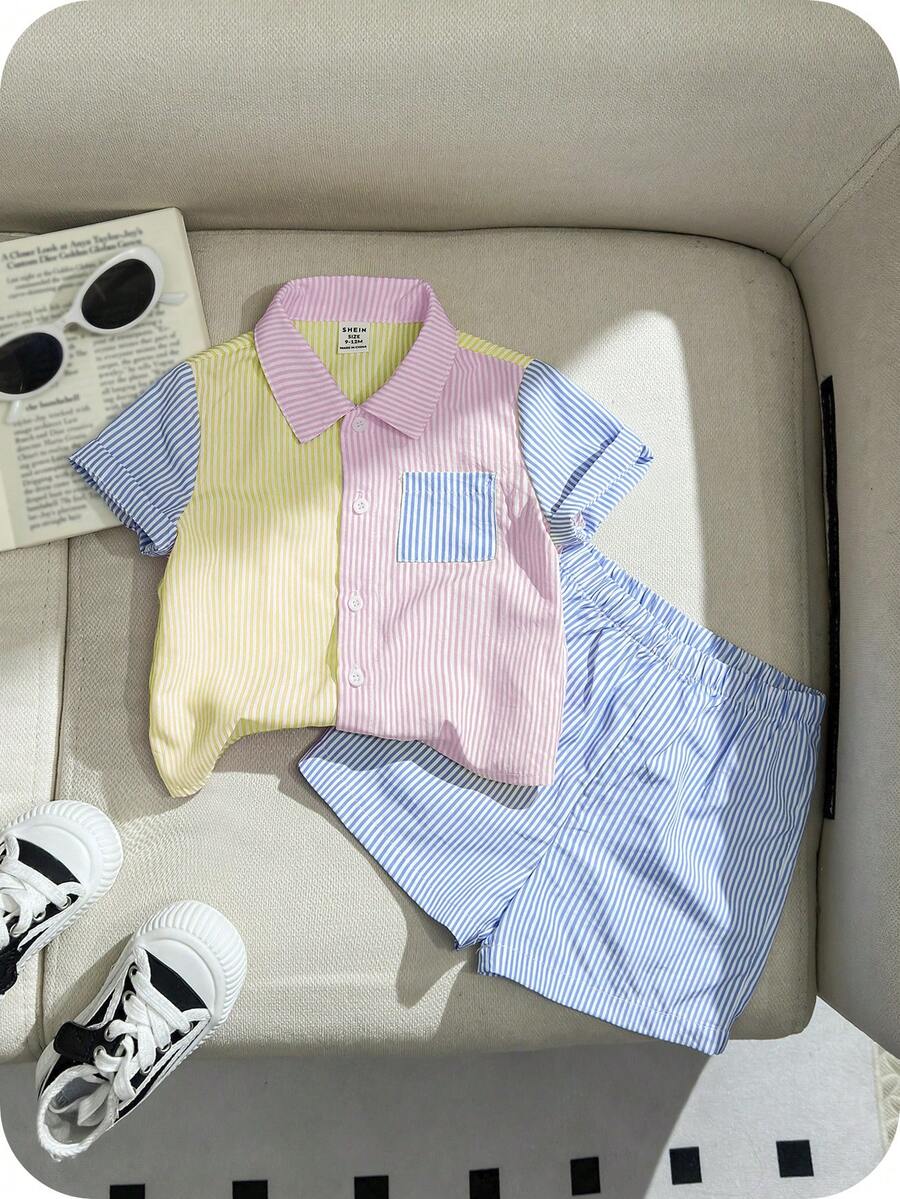 SHEIN 2pcs/Set Baby Boy Contrast Color Striped Decor Pocket Front Collar Short Sleeve Shirt & Shorts Set - Blue - View 1
