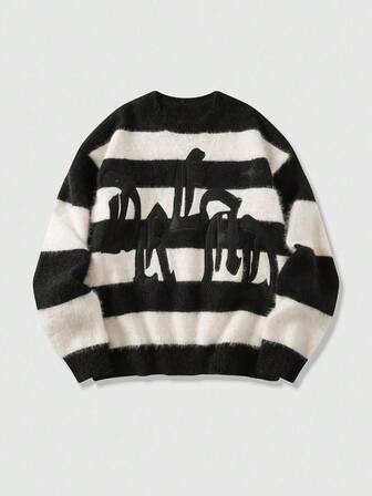 Street Life Men's Applique Embroidery Striped Long Sleeve Sweater, Loose Cropped Fit, Fall Winter